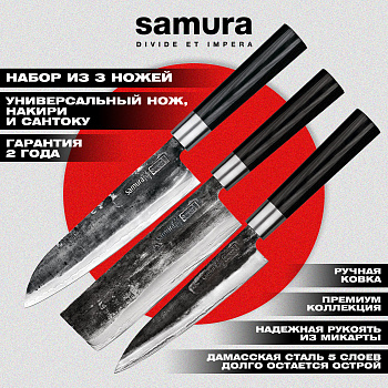 Набор из 3 кухонных ножей "Samura SUPER 5" (23, 43, 95), VG-10 5 слоев, микарта,SP5-0220