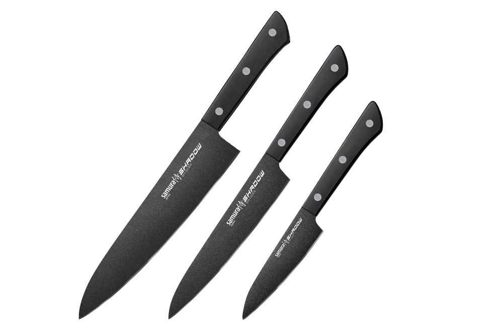 Набор из 3 ножей "Samura SHADOW" с покрытием BLACK FUSO (11, 21, 85), AUS-8, ABS пластик,SH-0220