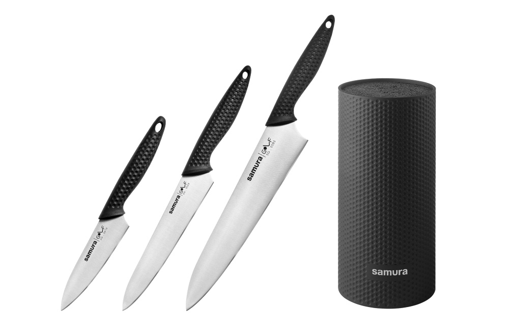 Набор из 3 ножей и подставки "Samura GOLF" (10, 23, 85)  в подарочной коробке, SG-04