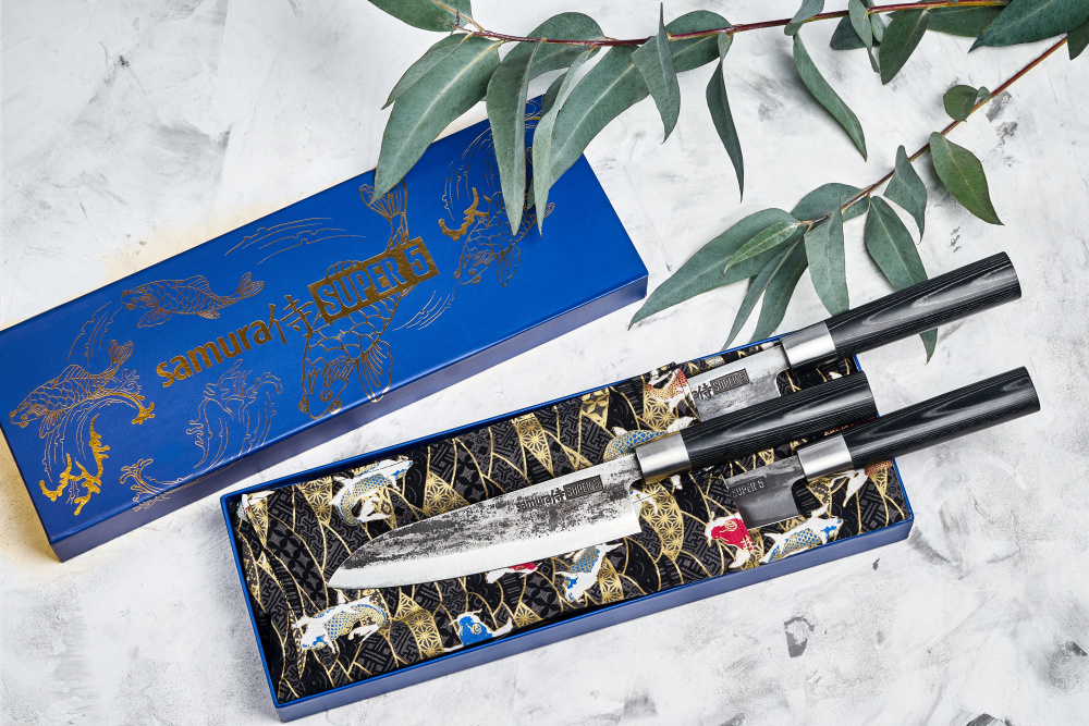Набор из 3 кухонных ножей "Samura SUPER 5" (23, 43, 95), VG-10 5 слоев, микарта,SP5-0220