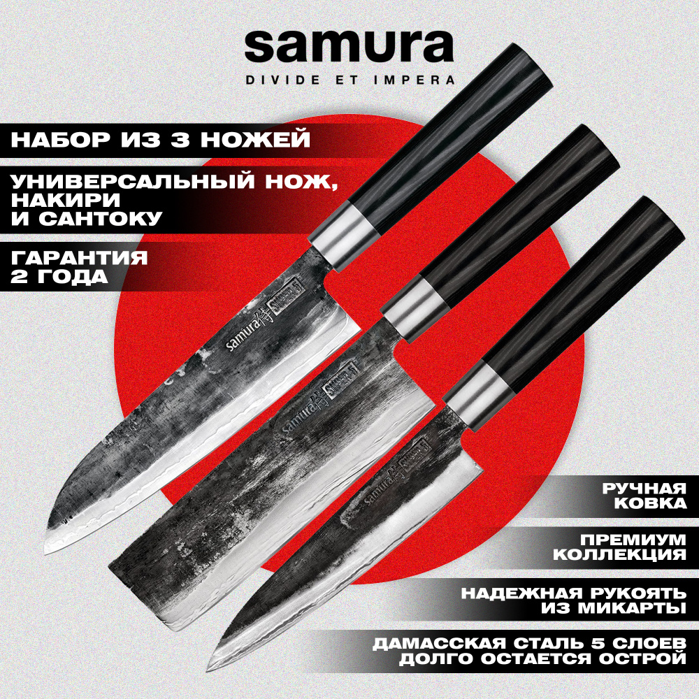 Набор из 3 кухонных ножей "Samura SUPER 5" (23, 43, 95), VG-10 5 слоев, микарта,SP5-0220