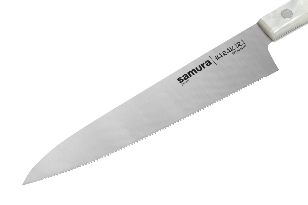 Нож кухонный "Samura HARAKIRI" универс. серрейтор 150 мм, кор.-стойк. сталь,белый акрил, SHR-0024AW
